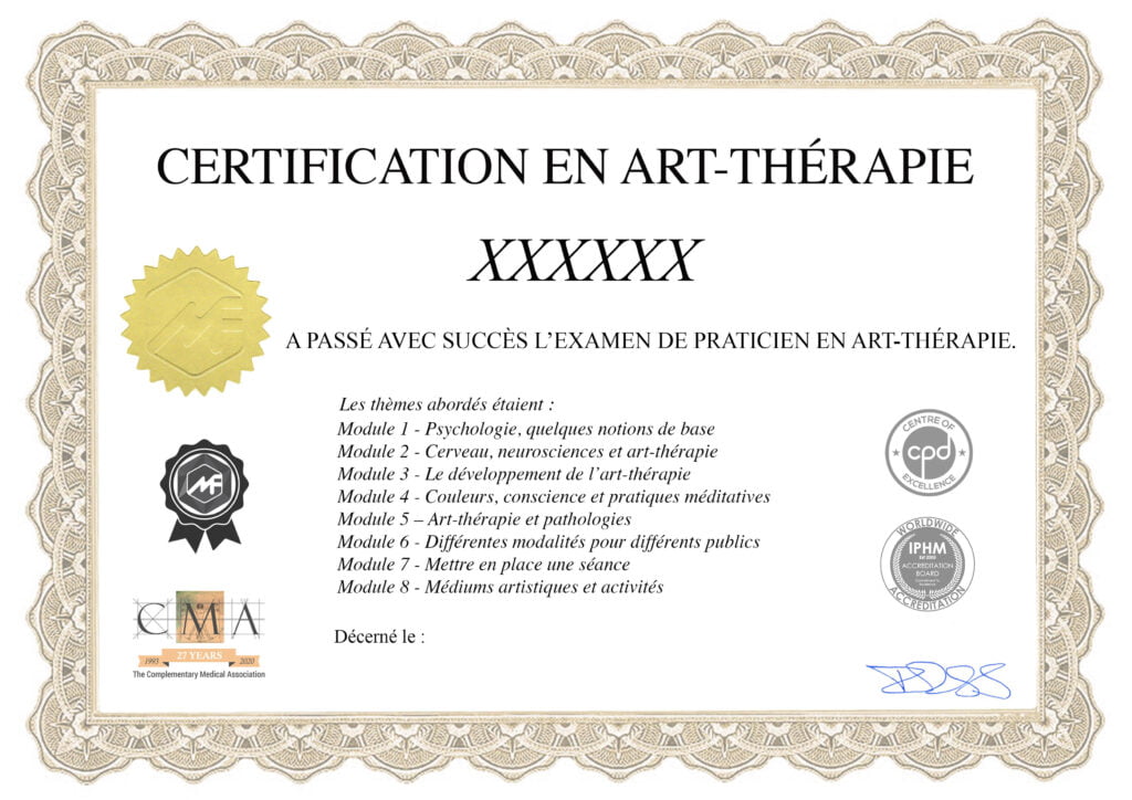 Modèle du certificat de praticien en art-thérapie remis à l'issue de la formation