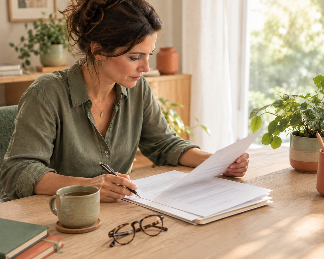 Praticienne bien-être examinant un contrat d'assurance professionnelle
