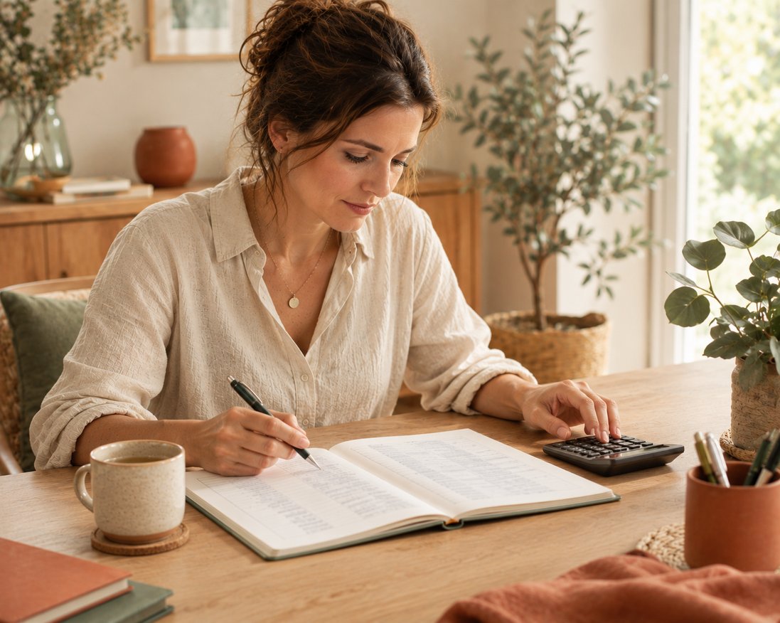 Praticienne bien-être faisant ses comptes à son bureau