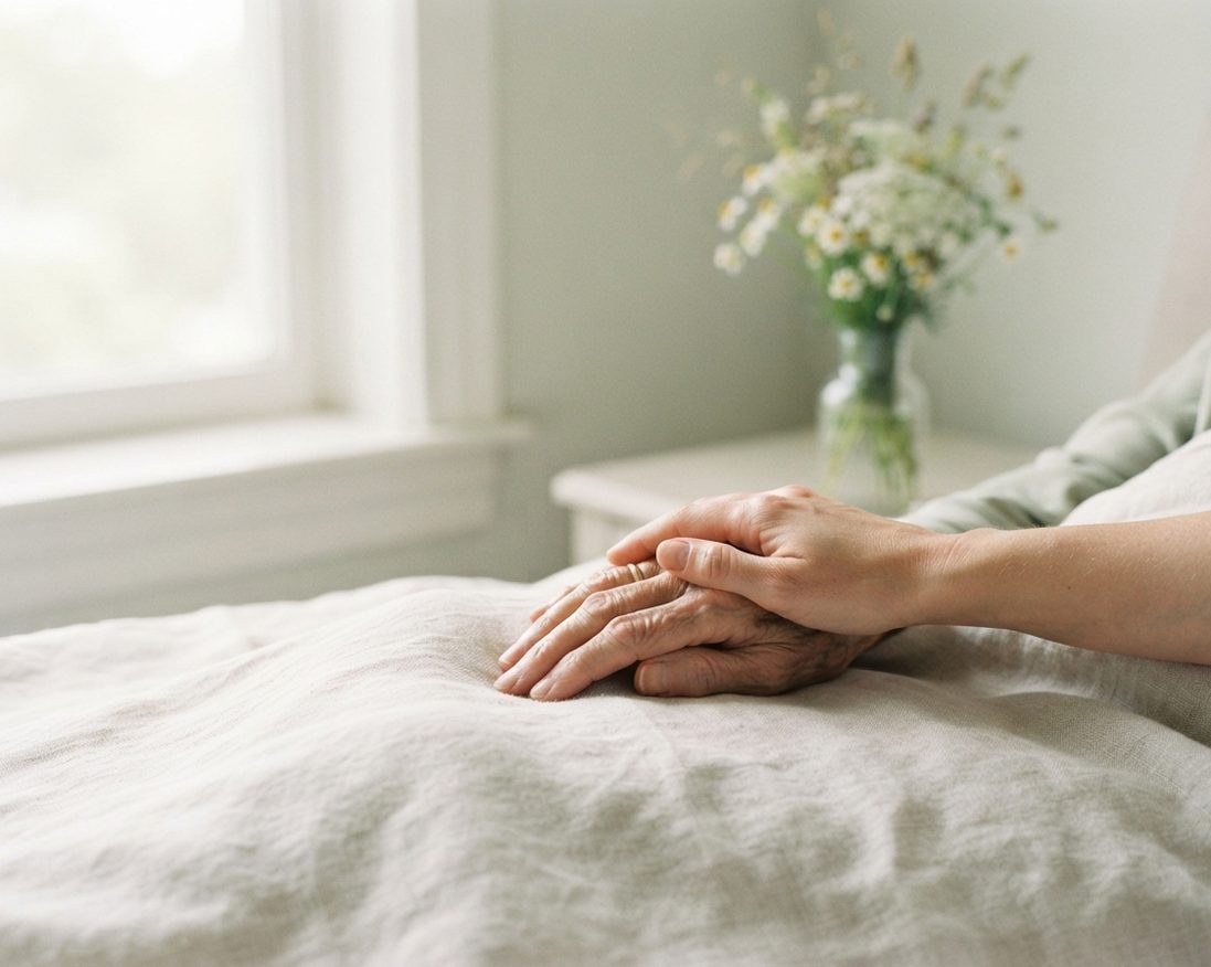 Deux mains posées l'une sur l'autre, accompagnement de fin de vie