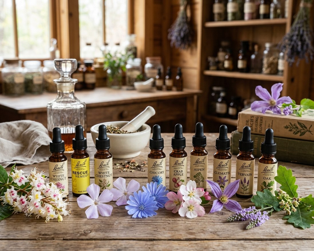 Élixirs floraux Fleurs de Bach, flacons et fleurs sauvages