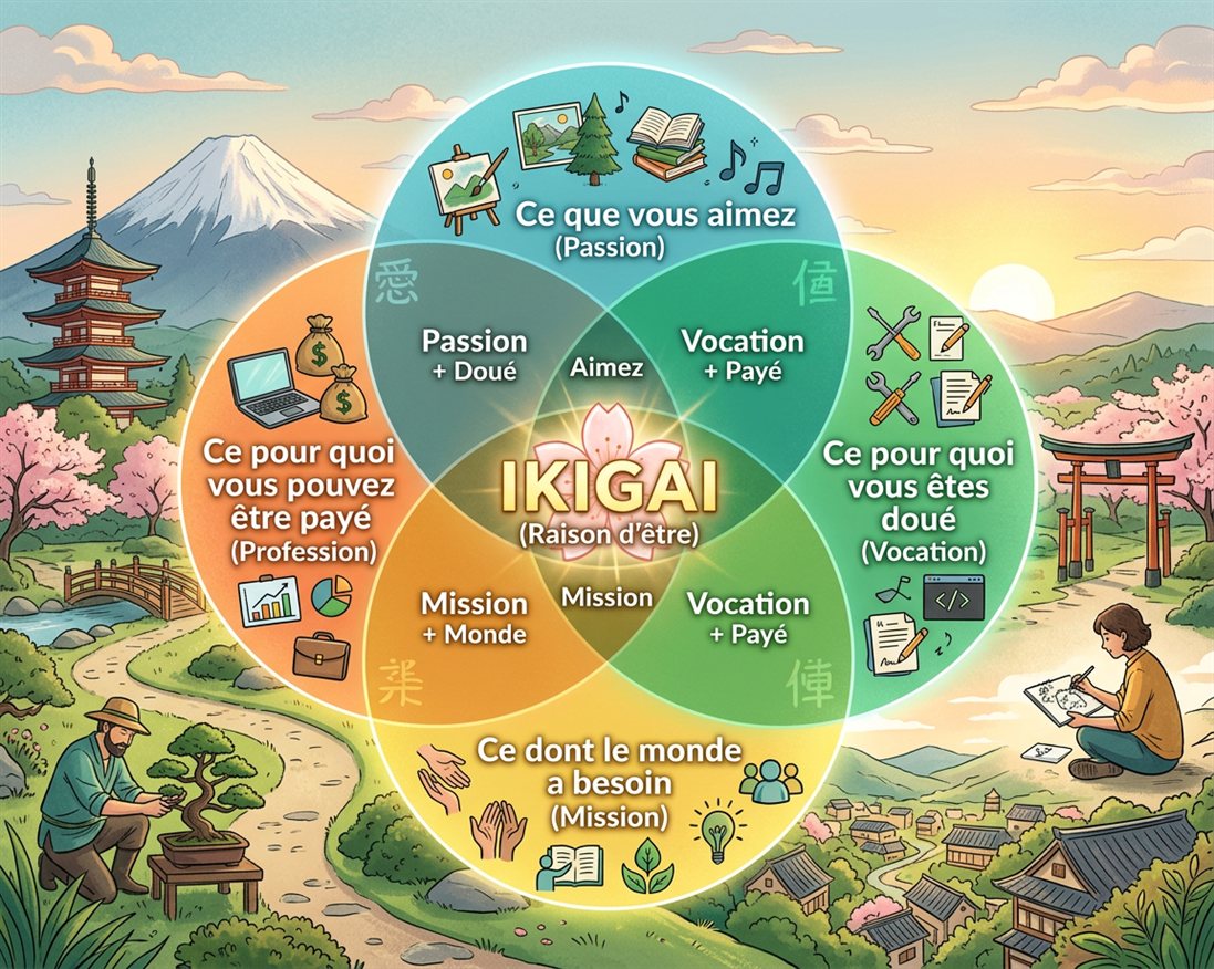 Diagramme Ikigai : intersection entre passion, mission, vocation et profession