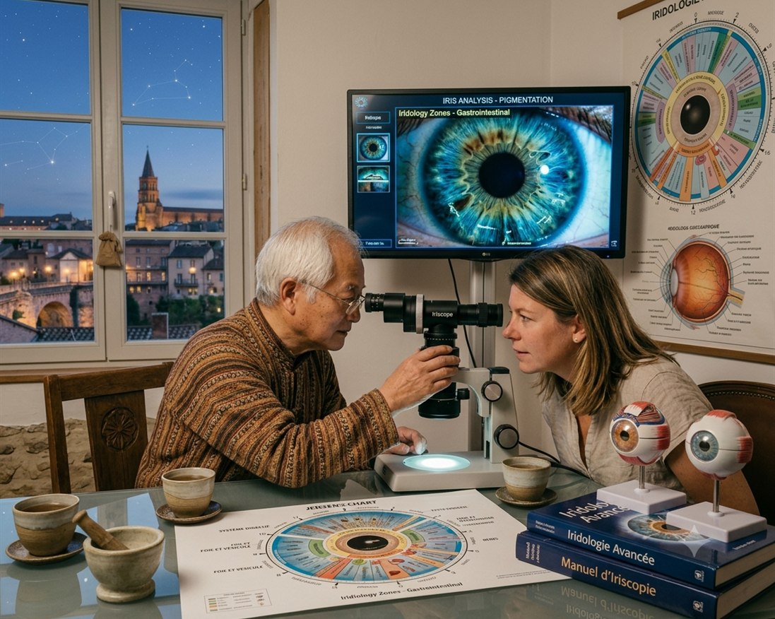 Gros plan sur l'iris de l'œil pour une analyse iridologique