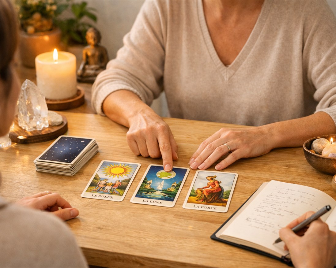 Cartes de tarot thérapeutique sur une table