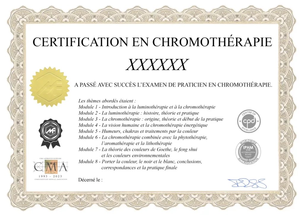 Modèle du certificat de praticien en chromothérapie