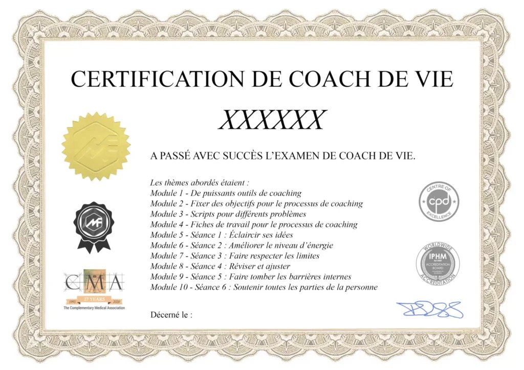 Certificat de coach de vie — IPHM, CMA, CPD