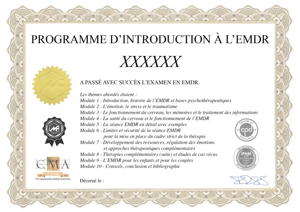 Modèle du certificat de formation en EMDR