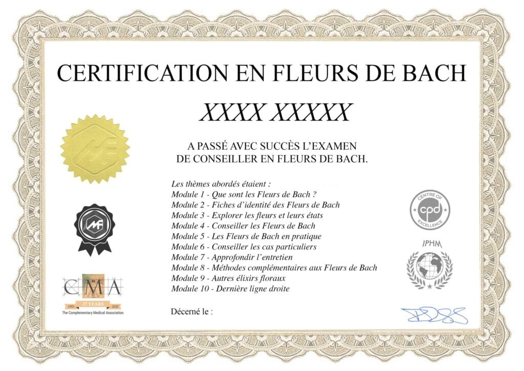 Modèle du certificat de conseiller en Fleurs de Bach