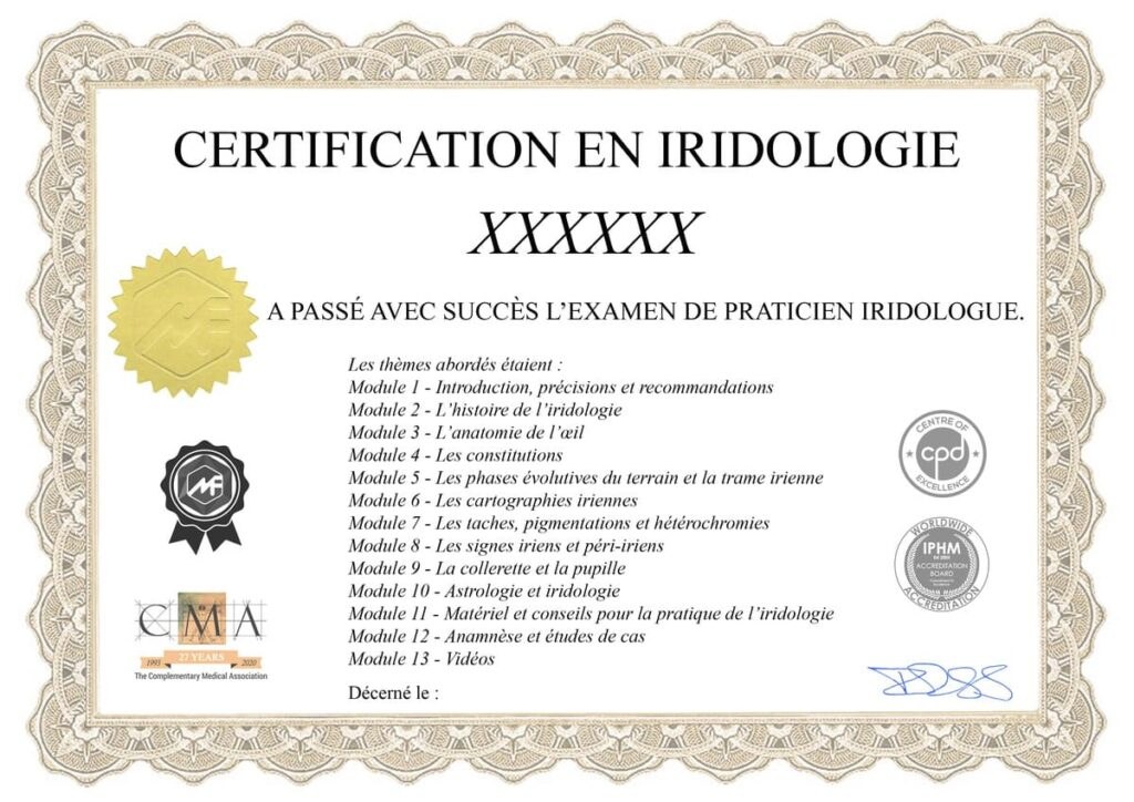 Modèle du certificat de praticien en iridologie