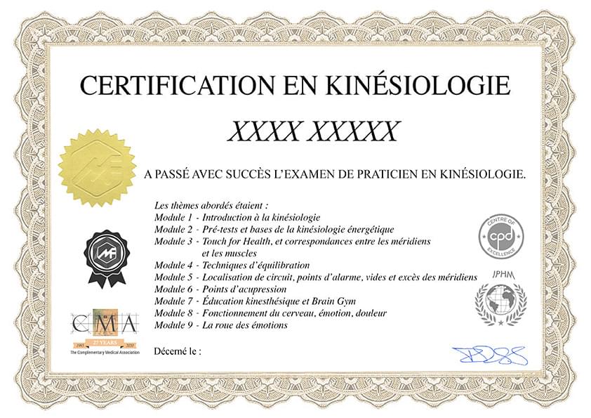 Modèle du certificat de praticien en kinésiologie