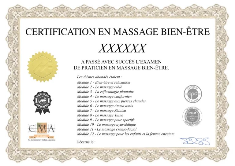 Modèle du certificat de praticien en massage bien-être