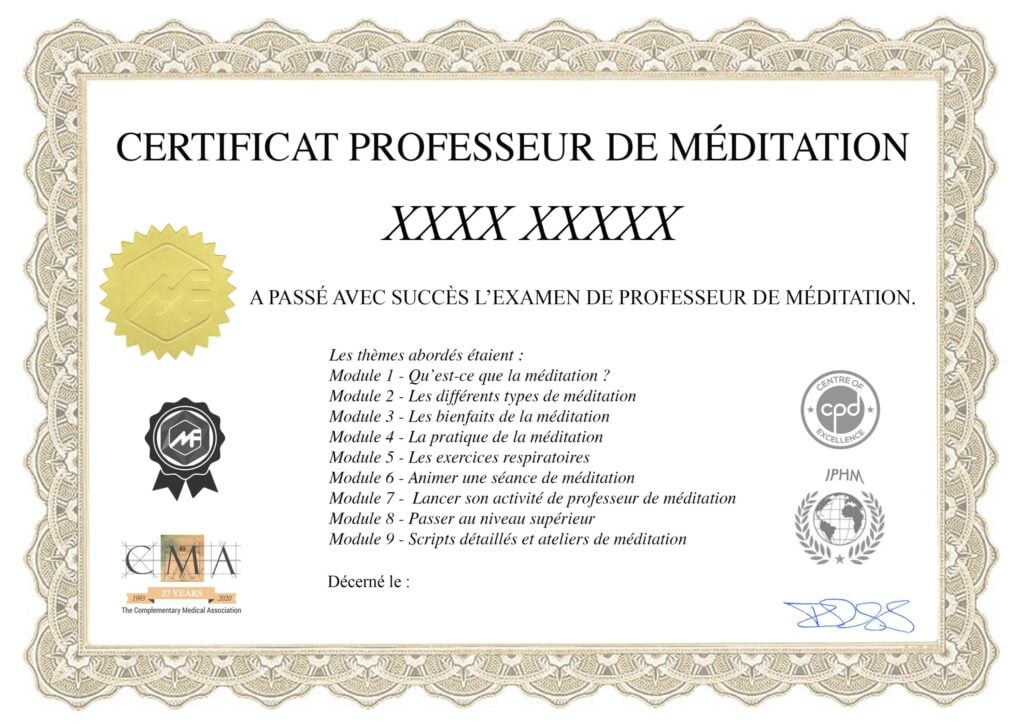 Modèle du certificat de professeur de méditation