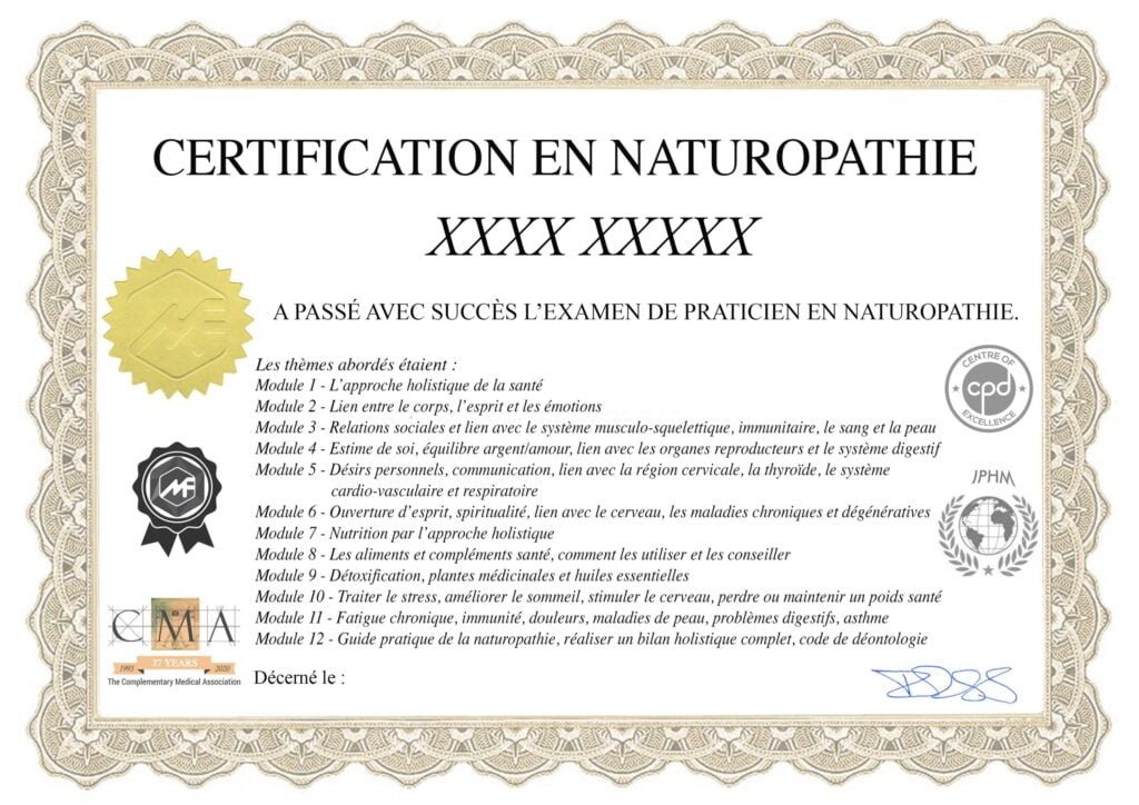 Modèle du certificat de certification en naturopathie remis à l'issue de la formation, listant les 12 modules étudiés