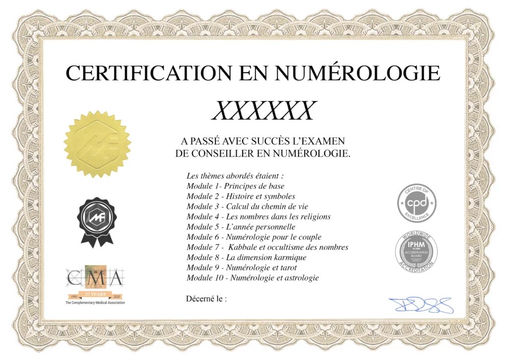 Modèle du certificat de conseiller en numérologie