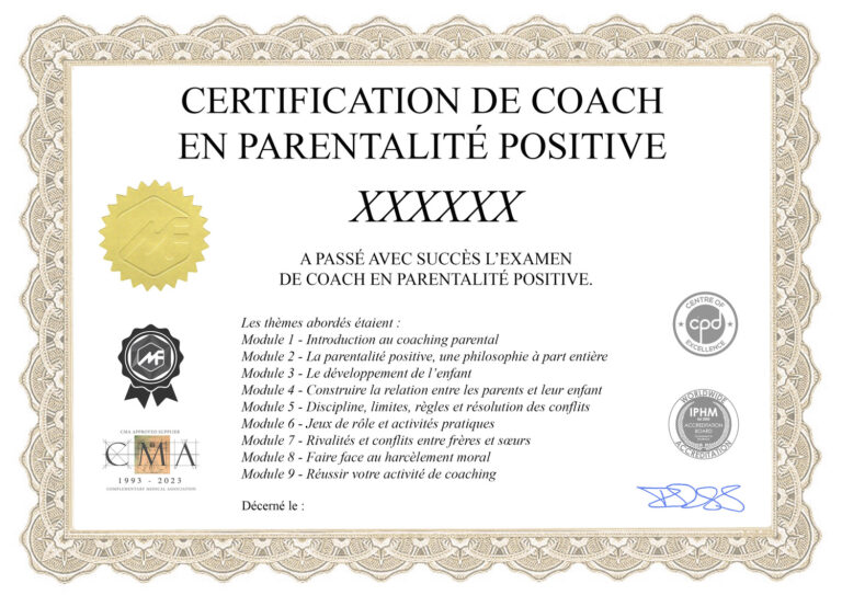 Certificat de coach en parentalité positive — IPHM, CMA, CPD