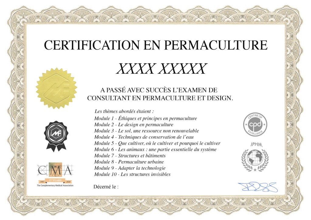 Modèle du certificat de concepteur en permaculture