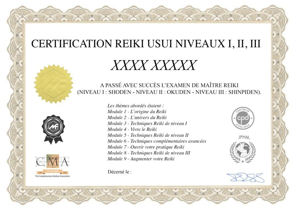 Modèle du certificat de praticien Reiki Usui