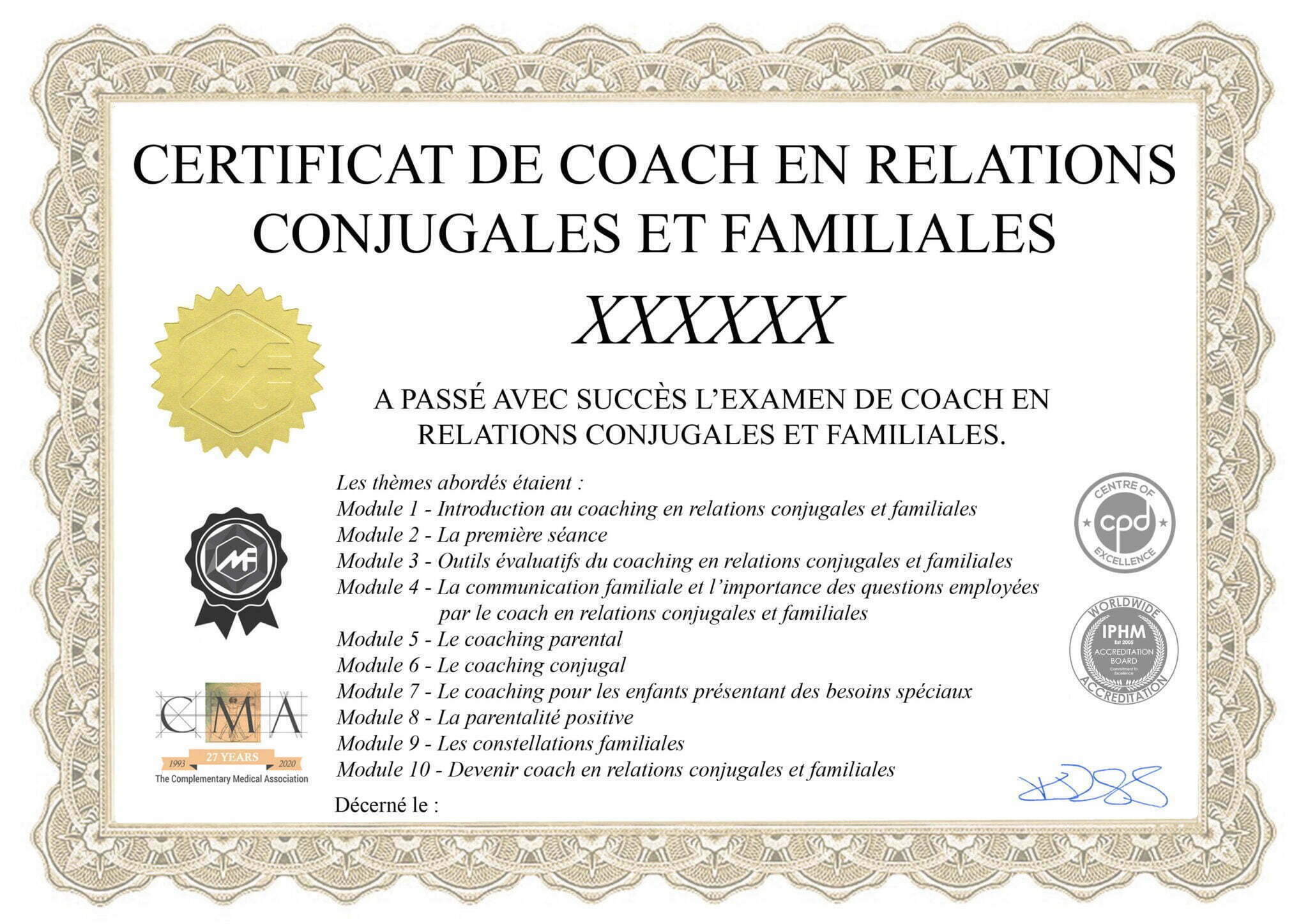 Modèle du certificat de coach en relations conjugales et familiales