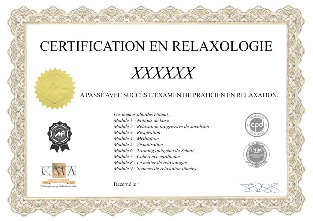 Modèle du certificat de coach en relaxologie