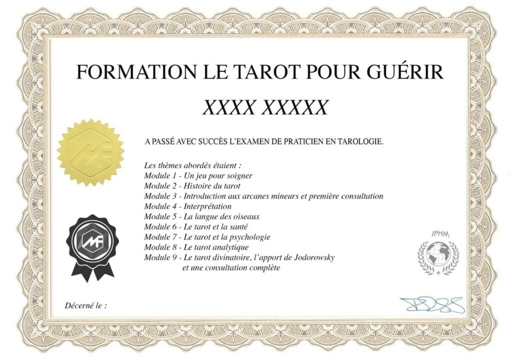Modèle du certificat de praticien en tarot thérapeutique